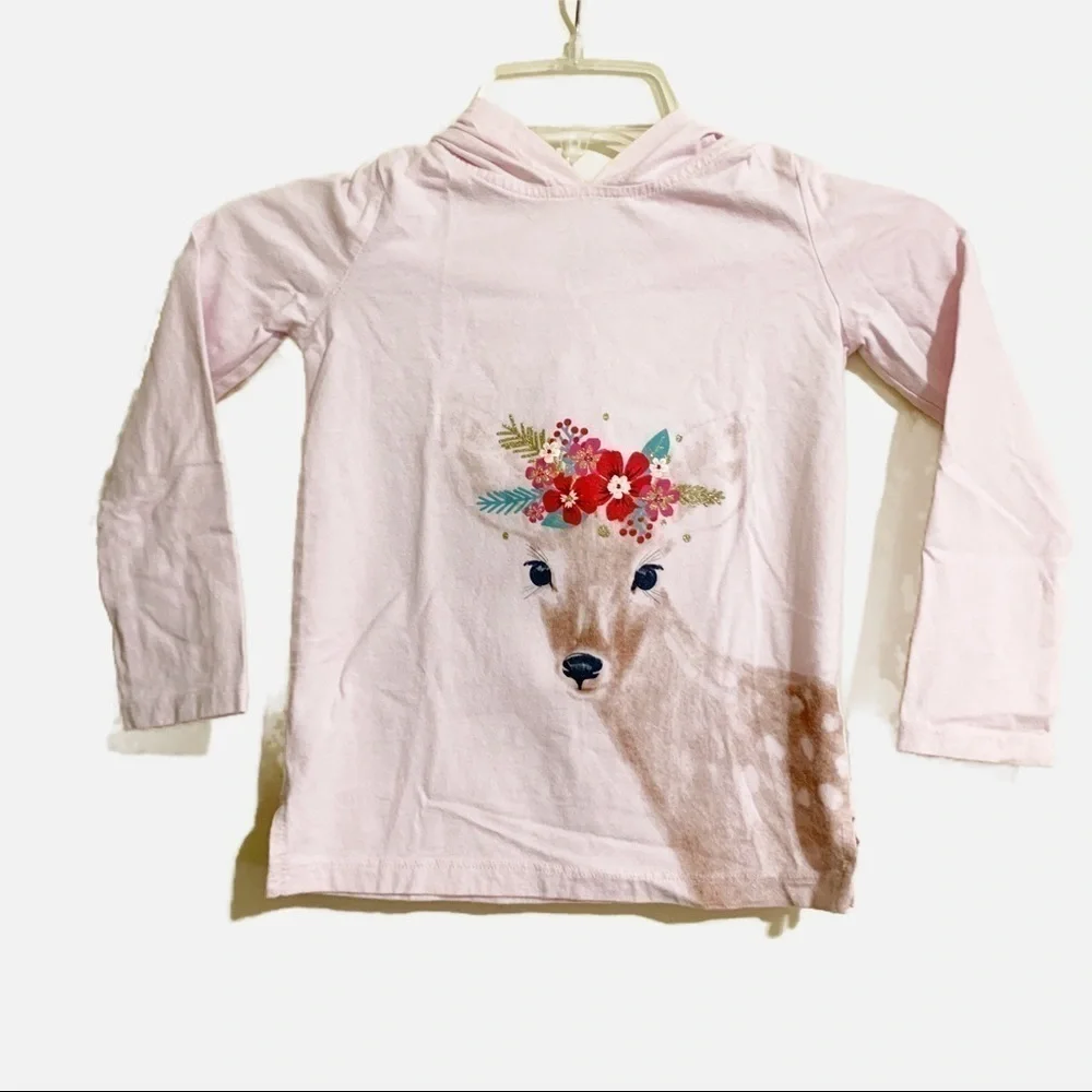 Carter's Kid Light Pink Floral Deer Hooded Long Sleeve Top 6/6X.